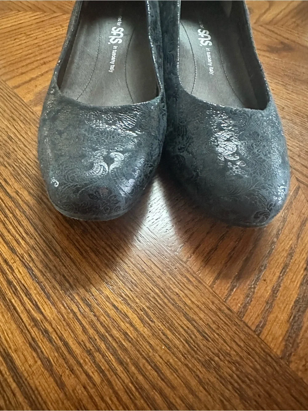 SAS Women’s Navy Embossed Leather Wedge Slip Ons
